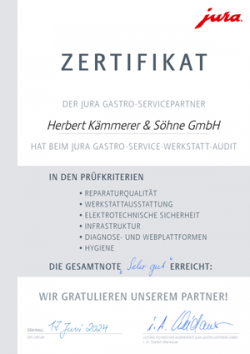 Zertifikat JURA Gastro Service-Werkstatt-Audit